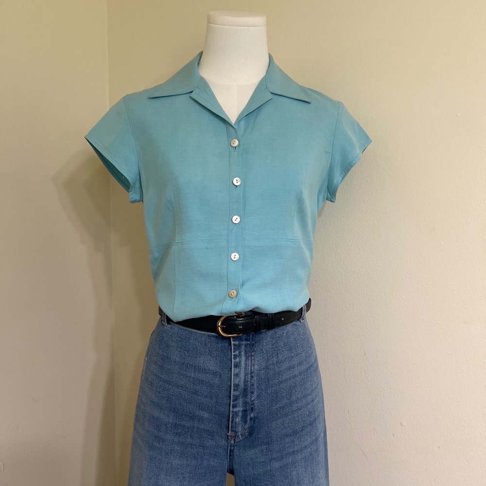 Talbots Collection Petites Turquoise Blue Button Down Blouse Short Sleeve Sz 8P